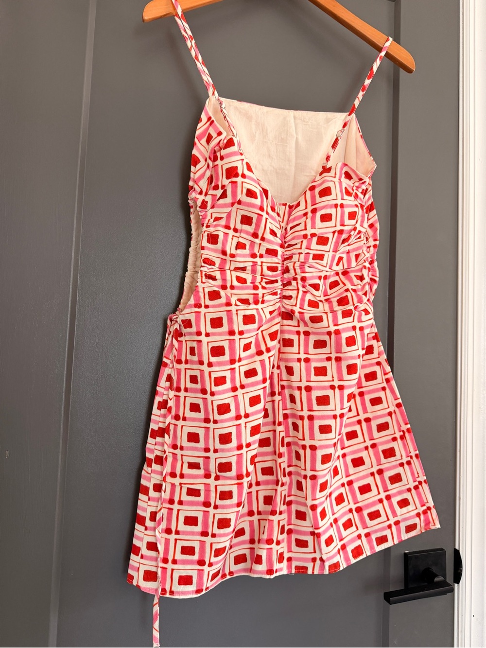 Zara Red and Pink Square Print Spaghetti Strap Dress - Picture 4 of 5